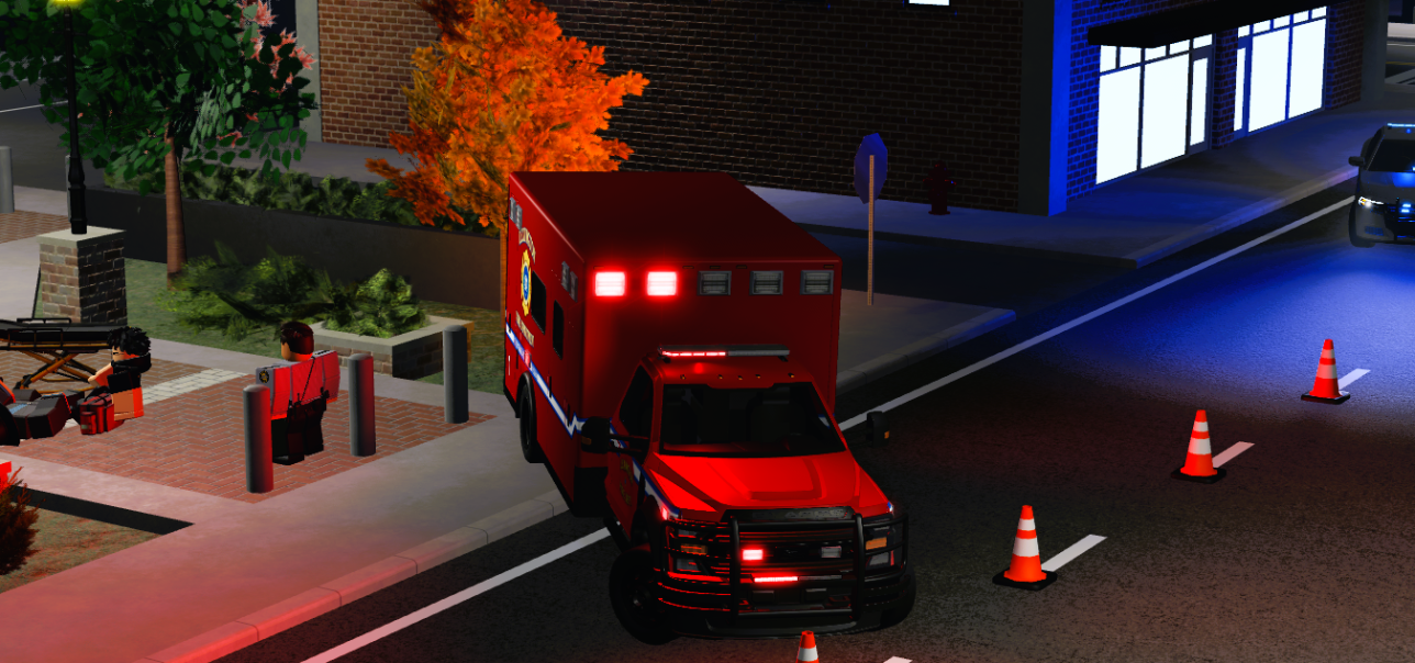 Lexington ambulance responding near a sidewalk scene